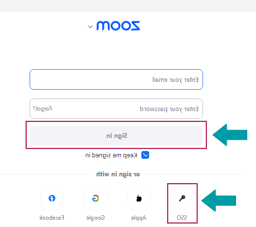 箭头指向Zoom登录按钮. 第二个箭头指向SSO登录选项.