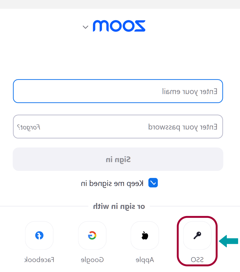 箭头指向Zoom登录页面上的SSO登录选项